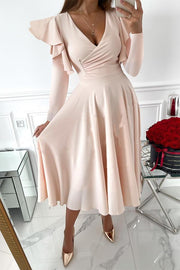 V-neck Ruffled Long-sleeved Waist Dress