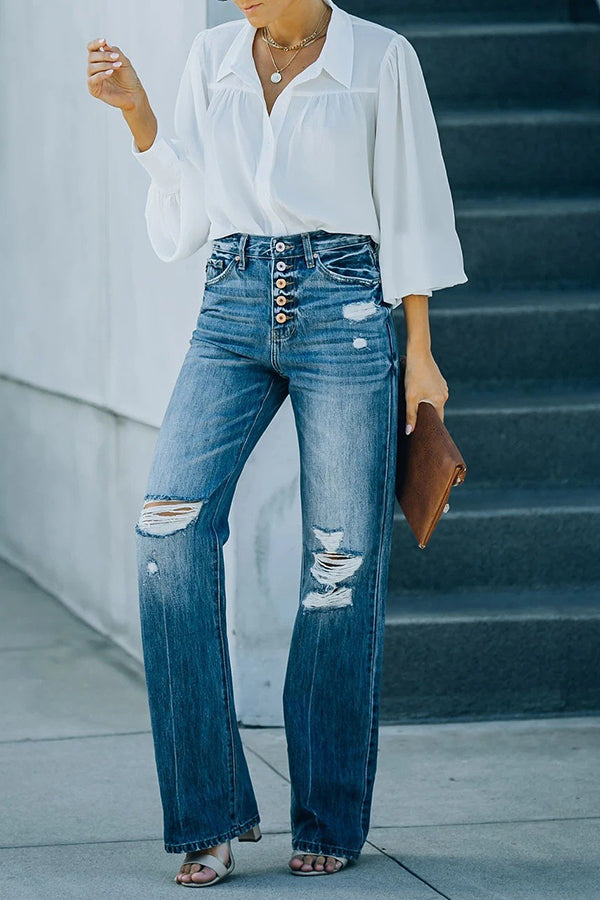High Rise Distressed Button 90’s Flare Denim
