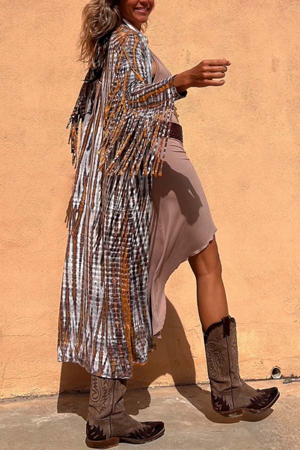 Evaluna Tie-dye Print Tassel Sleeve Midi Cover-up