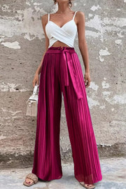 Cali Satin Belt Pleated Wide Leg Pants