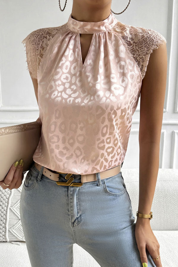 Elegant Stand Collar Leopard Lace Panel Top