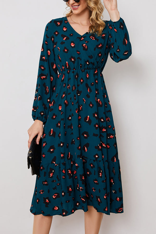 Long-sleeved elegant V-neck printed dress