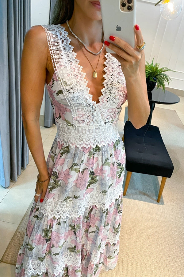 Robe mi-longue fleurie à bordure en dentelle Sunny Garden 