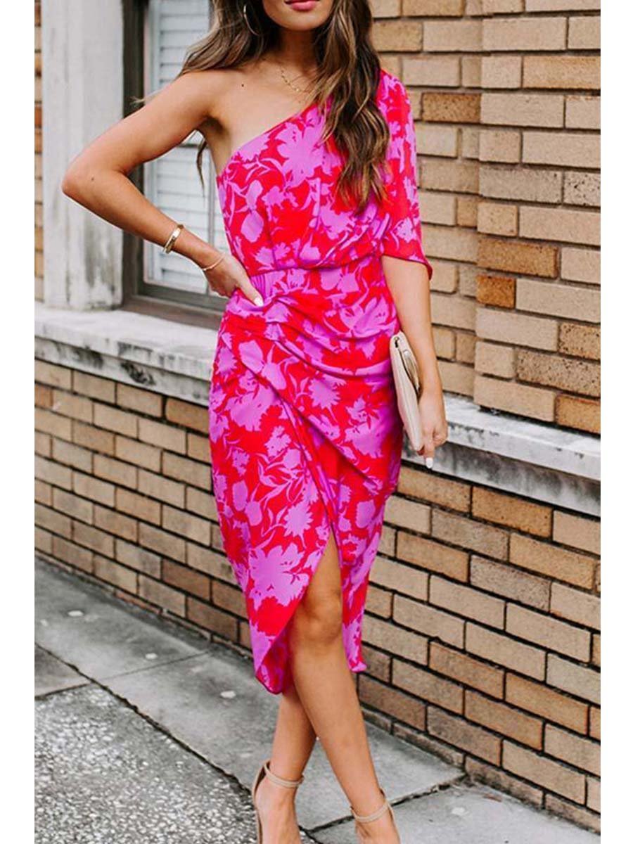 Midikleid mit schrägen Schultern, offenem Rücken und Print