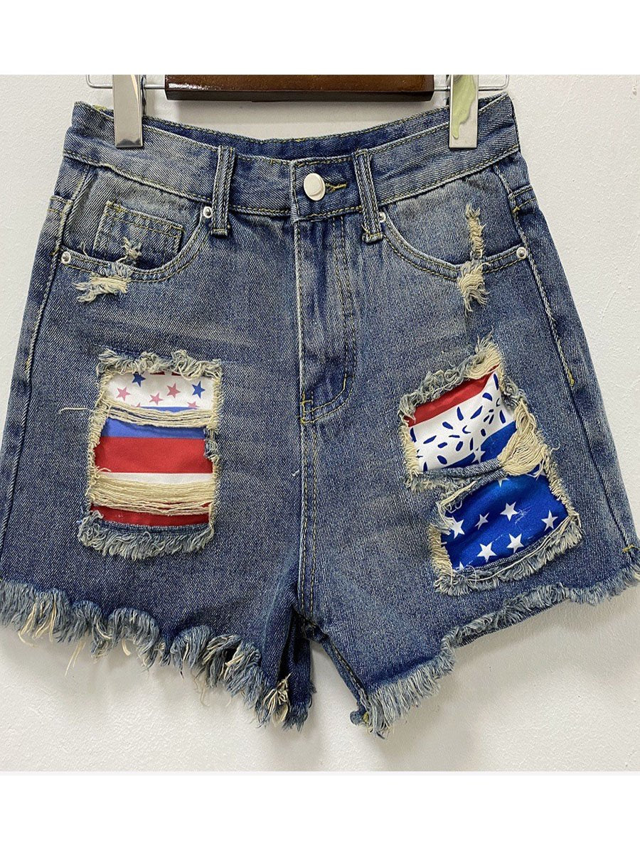 Casual Independence Day Patchwork Denim Shorts
