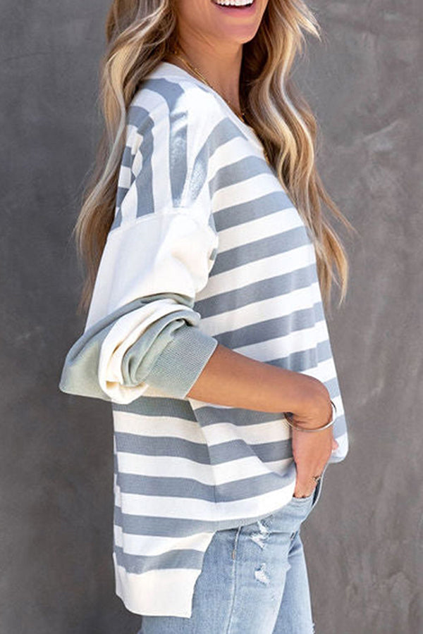 Puff Sleeve Crew Neck Striped Long Sleeve Pullover Women's Sweatshirt
