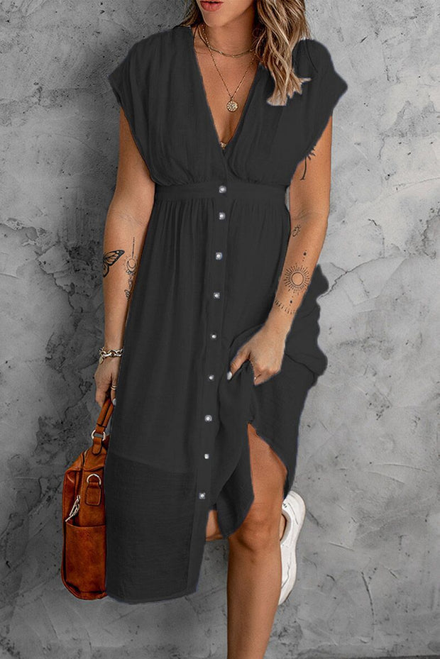 Deep V Short Sleeve Waist Dress