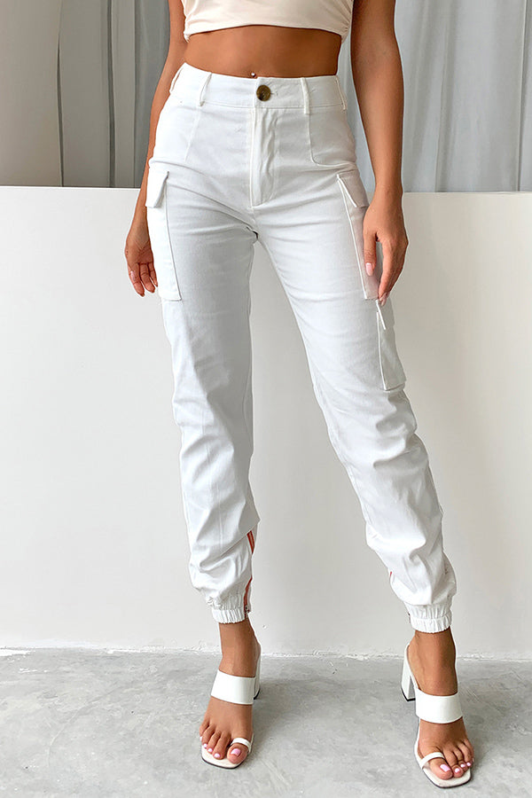 Women's Low Waist Button Solid Color Pocket Drawstring Cargo Pants