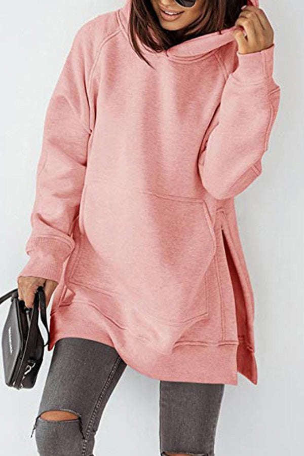 Women's Hoodies Solid Pocket Slit Long Sleeve Hoody