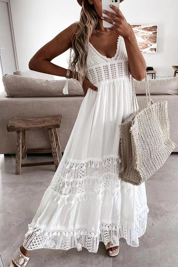 Lässiges, ärmelloses, langes Kleid mit Spitzeneinsatz