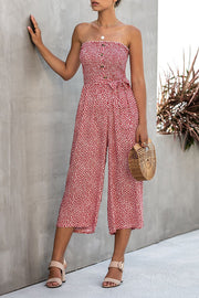 Printed Breast Wrap Button Tie Pocket Jumpsuit