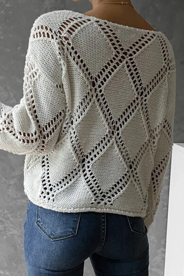 V-neck hollow long sleeved knitting sweater