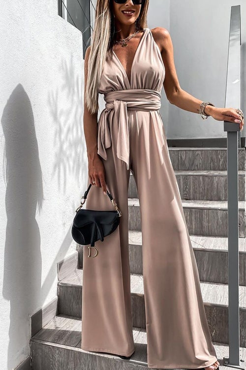 Solid Color Slim V Neck Lace Up Sleeveless Jumpsuit