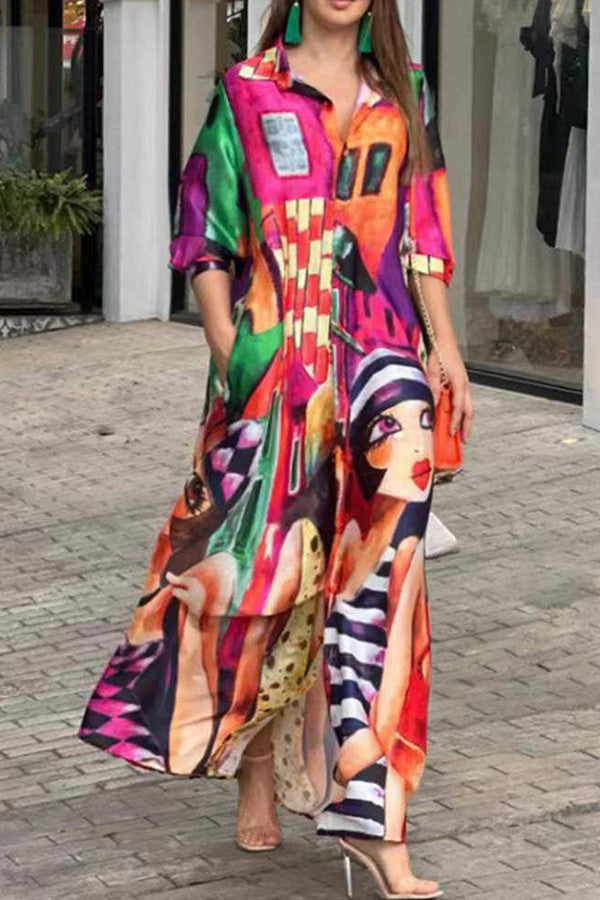 Prettiest Smile Cartoon Face Print Pocketed Shirt Maxi Dress