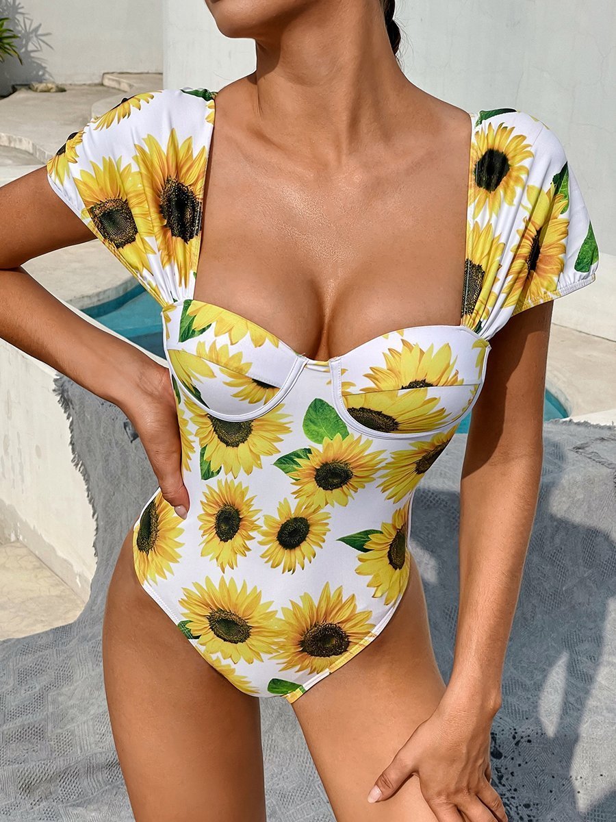 Sunflower print one-piece swimsuit