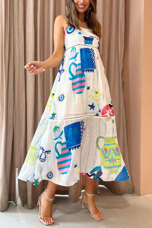 She's The Fun – Midikleid aus Leinenmischung mit verspieltem Print und Leiterbesatz 