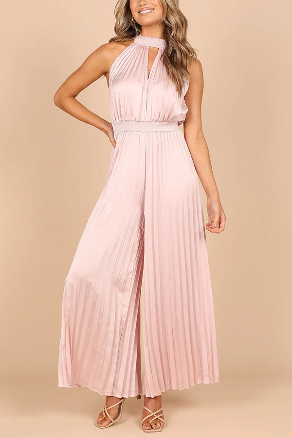 Callie Satin Halter Cutout Neck Pleated Elastic Waist Jumpsuit