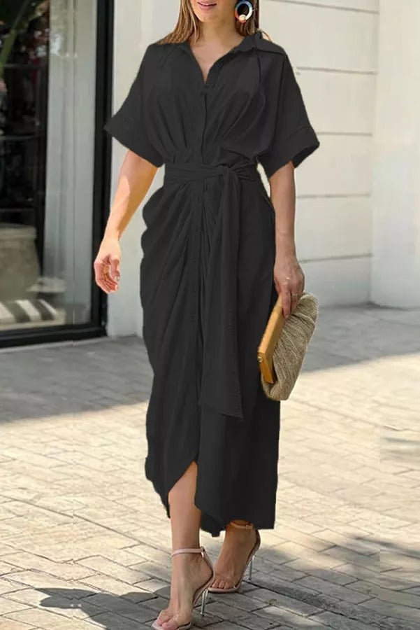 Daring Heart Tie Front Shirt Midi Dress