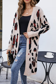 Women's V-Neck Leopard Knit Long Knit Jacket