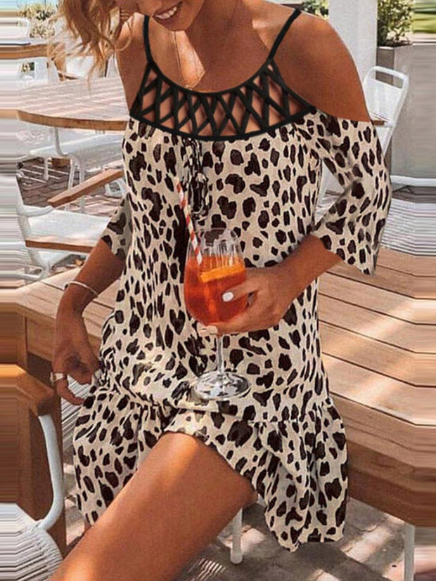 Leopard Print Stitching Hollow Sling Mini Dress