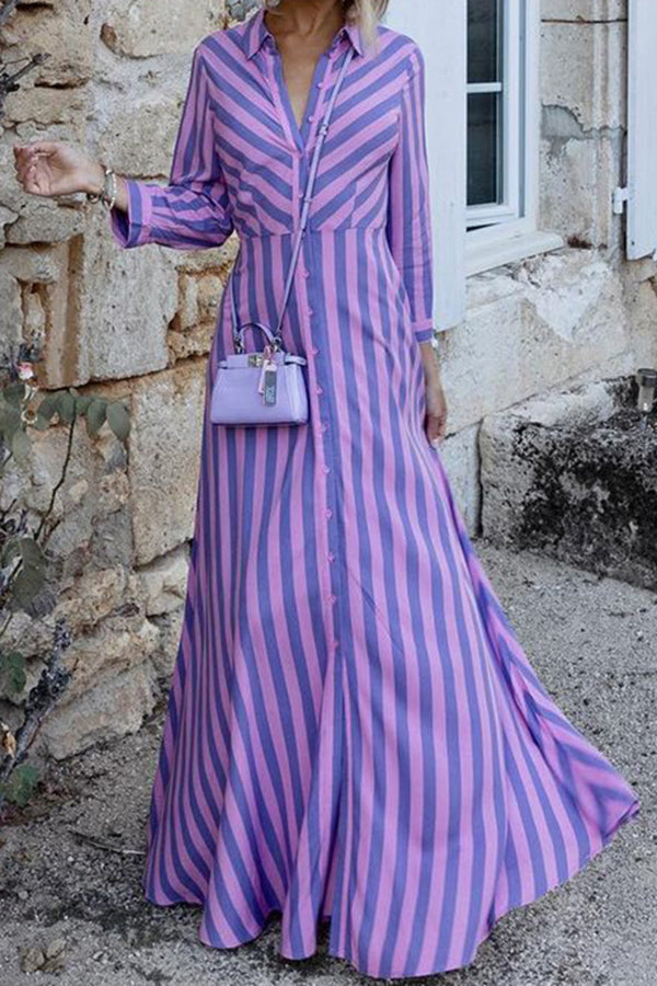 Stripe Print Shirt Maxi Dress