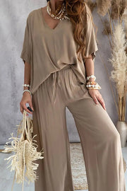 Solid Color V-Neck Loose Pants Suit