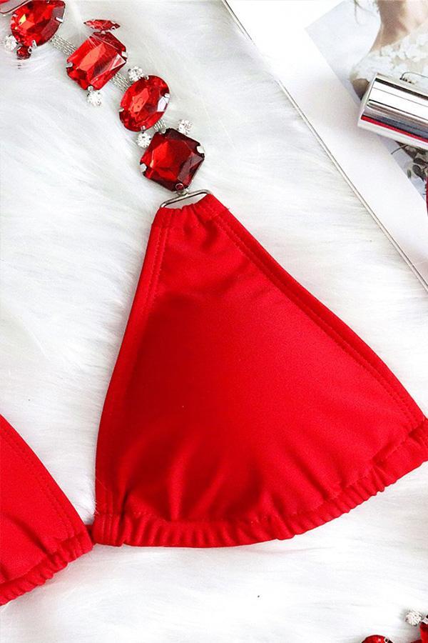 Halter Tied Detail Rhinestone Decor Bikini Set