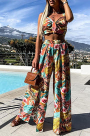 Print Camisole Split Wide Leg Pants Two-piece Suit