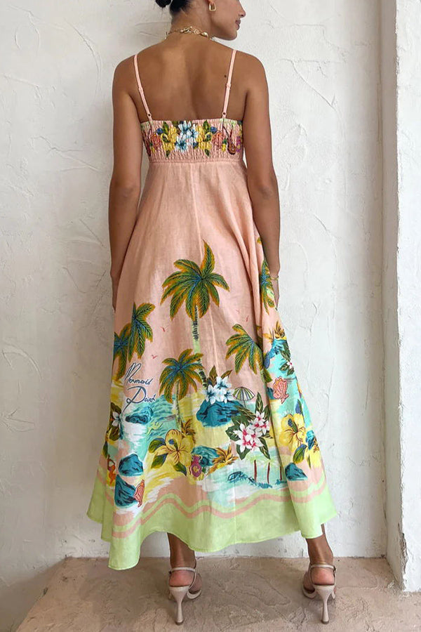 Coconut Scenery – Midikleid aus Leinenmischung mit tropischem Print und gesmoktem Rücken 