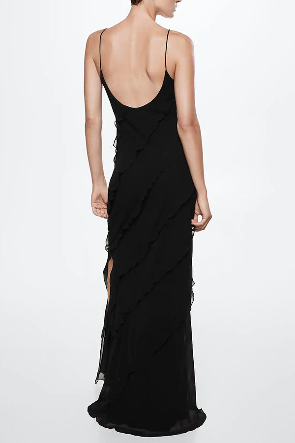 Robe sexy moulante fendue en mousseline de soie à volants