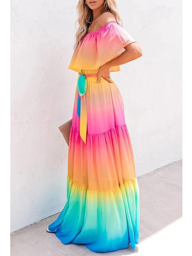 Elegant Off Shoulder Rainbow Maxi Dress