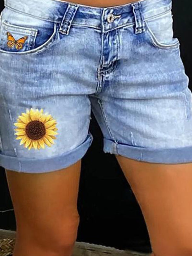 Daisy Print Mid Rise Distressed Denim Shorts