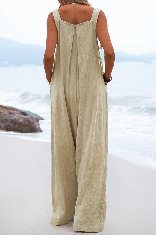 Ethnic Button Suspender Wide Leg Line Jumpsuit