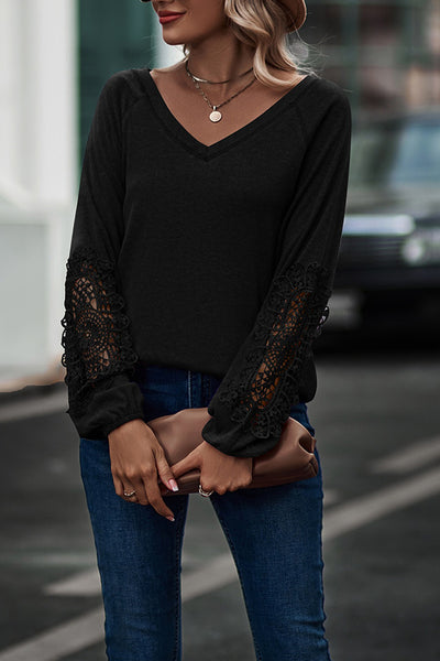 Loose Casual V-Neck Lace Long Sleeves