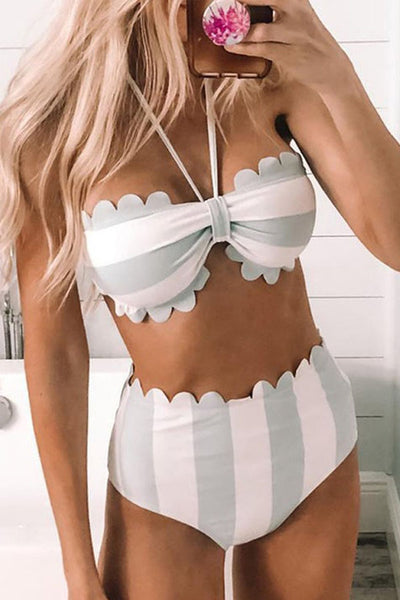 Glamorous Striped Halter Lace Bikini Swimsuit