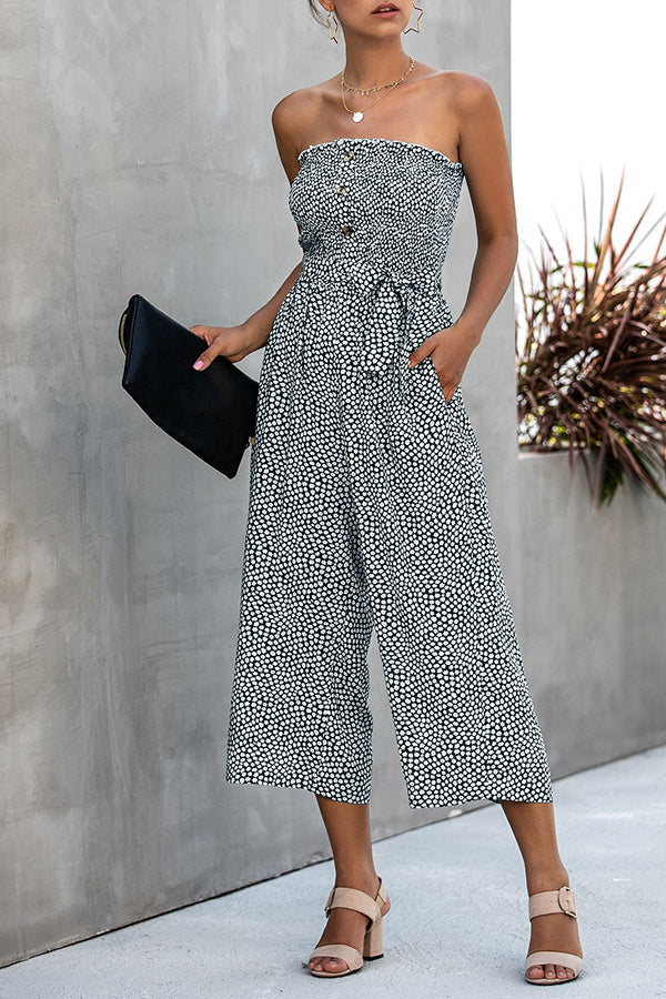 Printed Breast Wrap Button Tie Pocket Jumpsuit