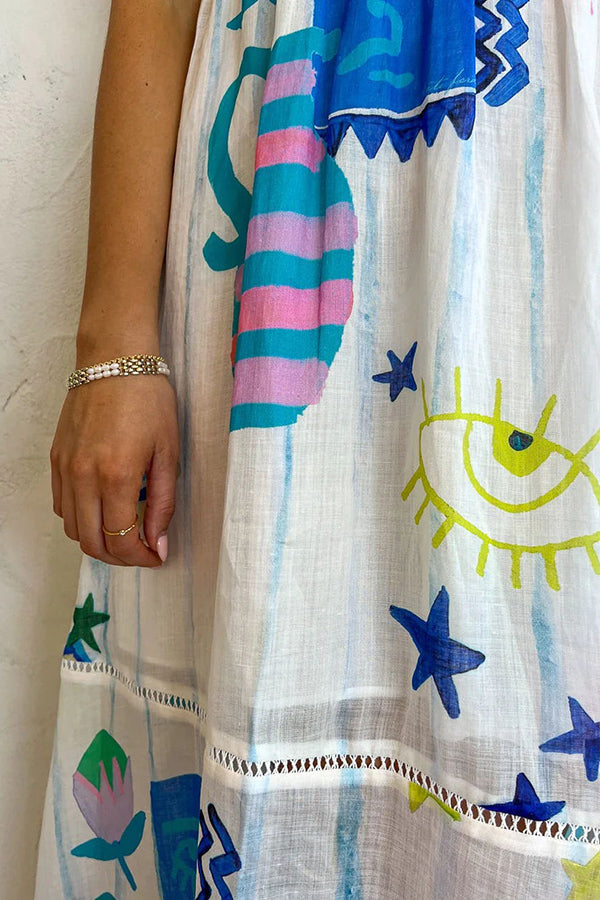 She's The Fun – Midikleid aus Leinenmischung mit verspieltem Print und Leiterbesatz 