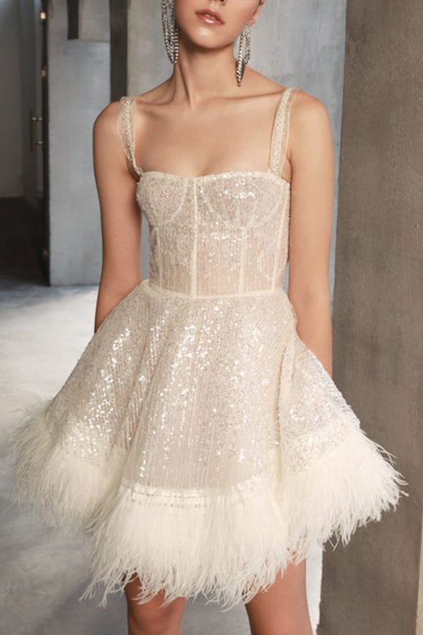 Sexy Wrapped Breast Dress Feather Sequins Dress