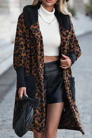 Fashionable and loose leopard print splicing black imitation fur fur coat