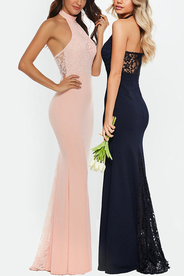 Sexy Halter Neck Backless Lace Wedding Gown Long Dress