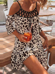 Leopard Print Stitching Hollow Sling Mini Dress