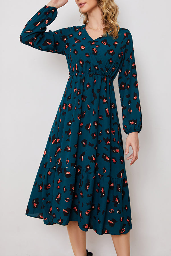 Long-sleeved elegant V-neck printed dress