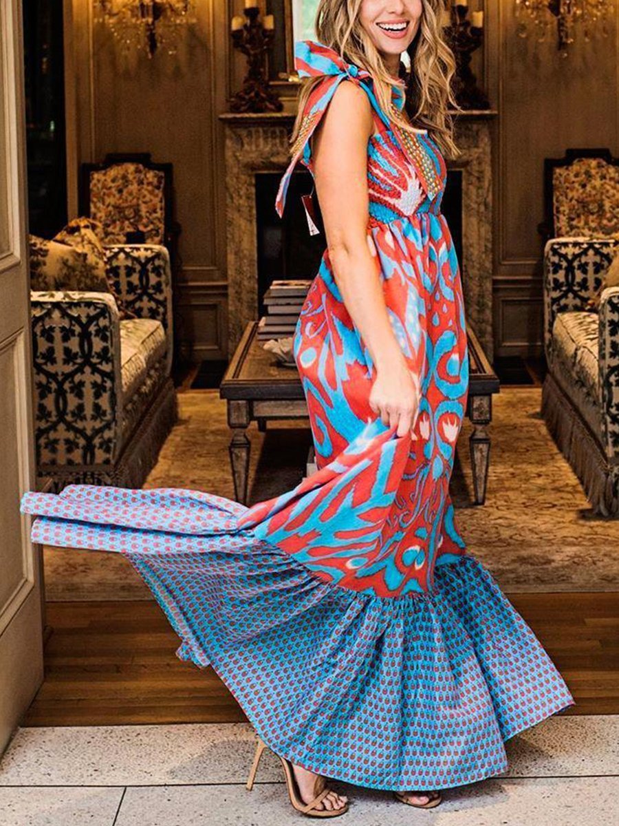 Graphic Print Loose Knotted Maxi Dress