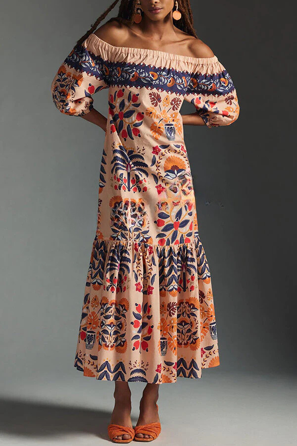Robe mi-longue fluide à poches et épaules dénudées imprimée Island Lover
