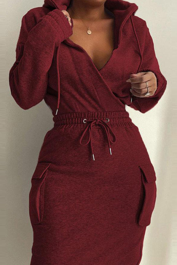 Solid Color V-Neck Drawstring Fashion Casual Suit