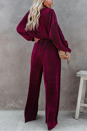 High Rise Plisse Wide Leg Pants Suit