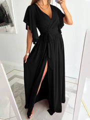 Solid V-Neck Flared Sleeve Slit Dress