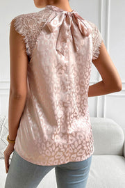 Elegant Stand Collar Leopard Lace Panel Top