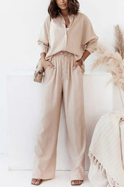 Michelle Cotton Blend Loose Solid Color Shirt Pants Suit