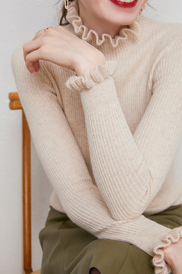 ruffled half turtleneck slim fit sweater